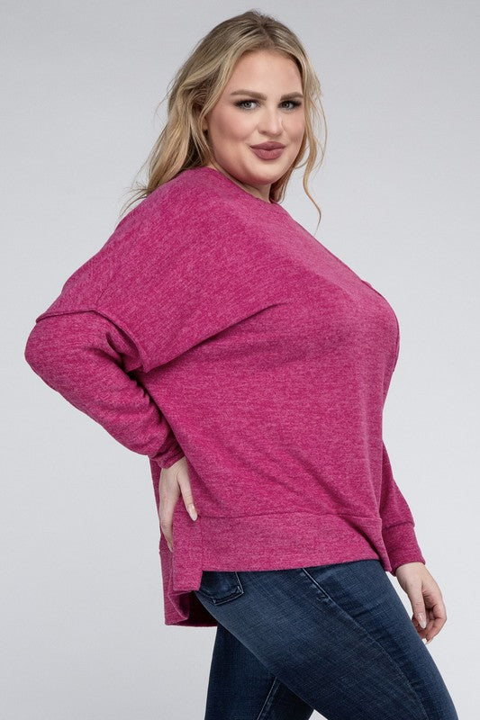 Zenana Plus Brushed Melange Drop Shoulder Sweater