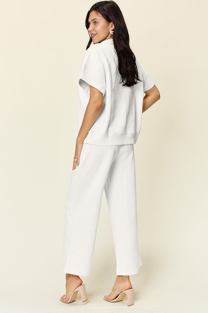 Double Take Texture Half Zip Short Sleeve Top and Pants Set