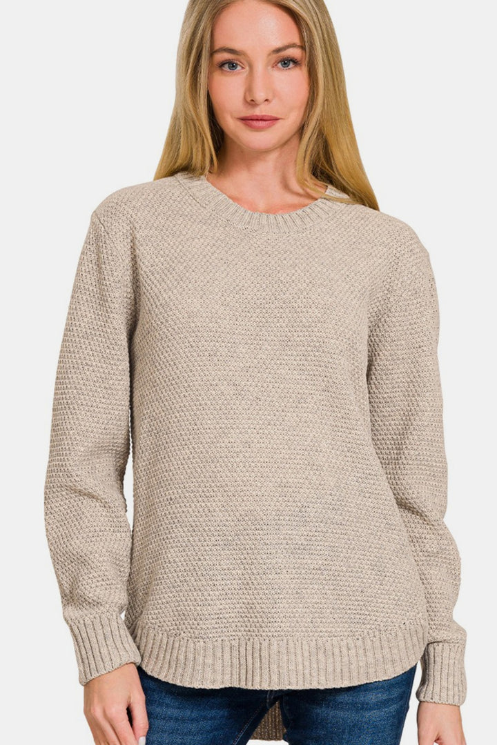 Zenana Round Neck Long Sleeve Curved Hem Sweater