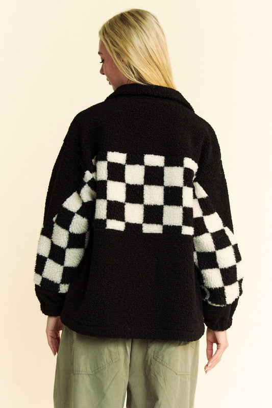 Davi & Dani Checkered Snap Down Faux Fur Jacket