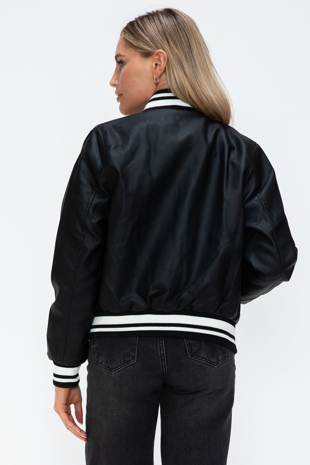 Love Me Now PU Leather Contrast Snap Down Bomber Jacket - Boho Soho