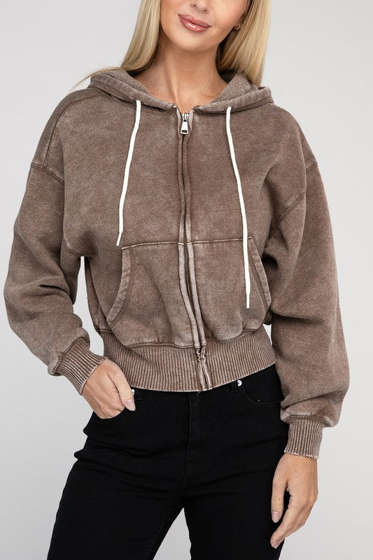 Zenana Acid Wash Fleece Cropped Zip-Up Hoodie - Boho Soho