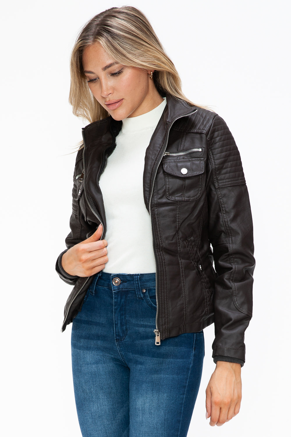 YMI Removable Faux Layered Multi-Pocket Faux Leather Jacket with Fuzzy Hood