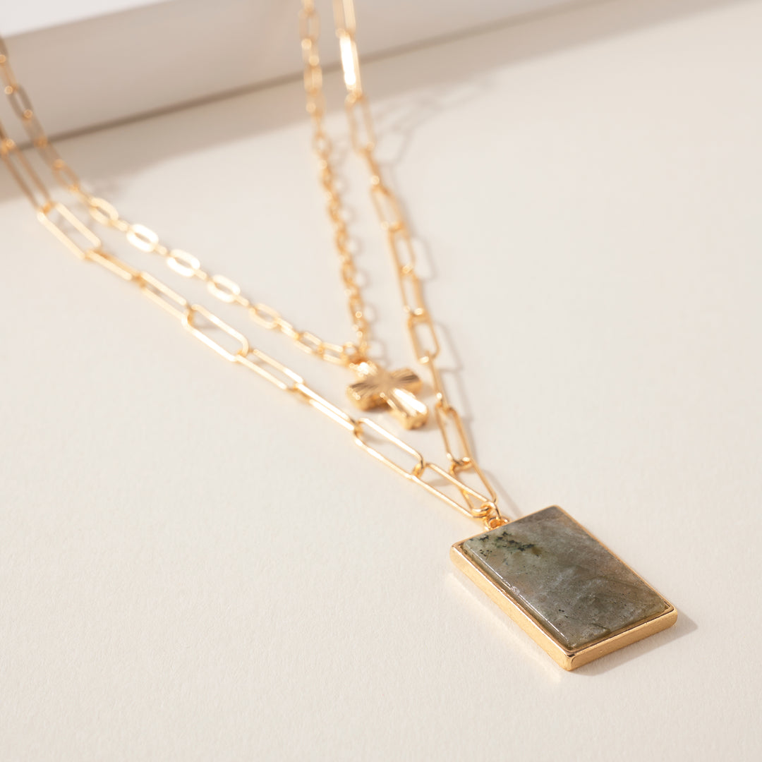 Cross and Stone Layered Chain Necklace