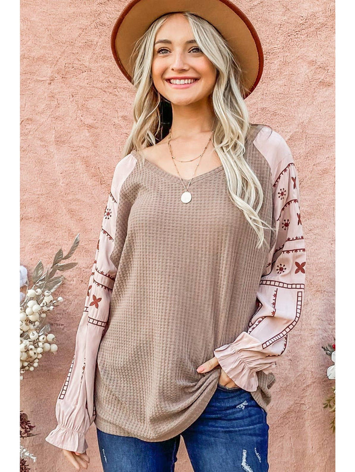 Cozy Waffle Knit With Embroidery Detailed Top