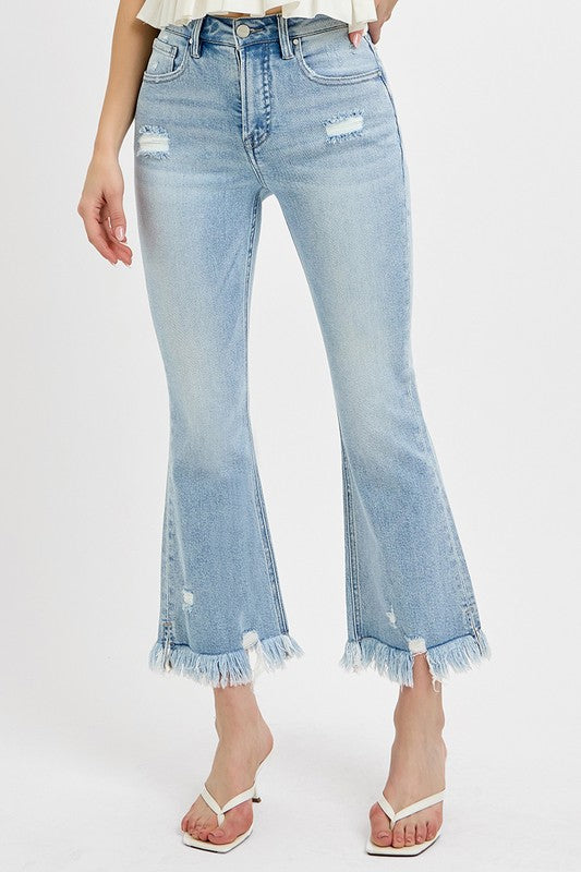 RISEN Raw Hem Distressed Cropped Flare Jeans Plus Size