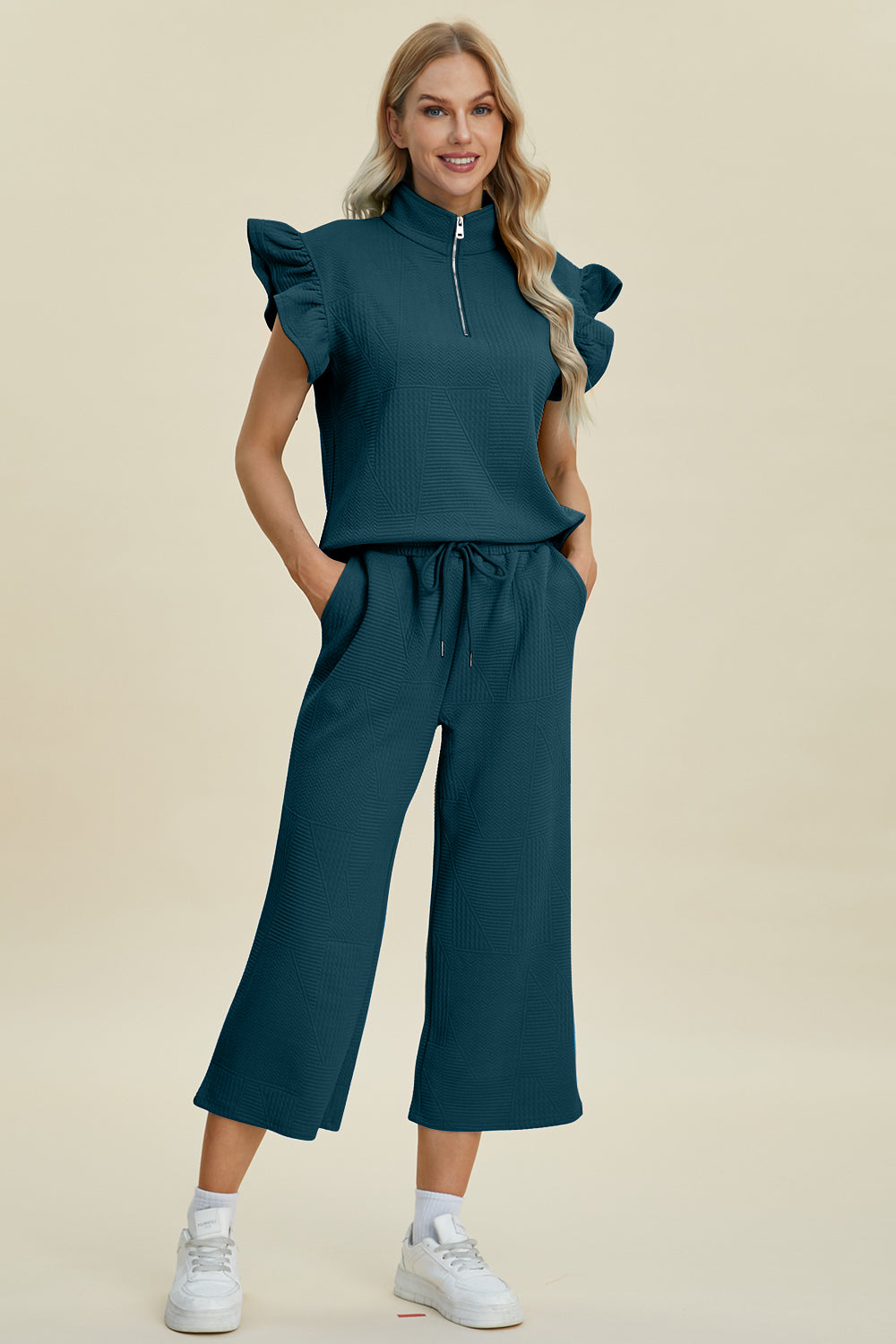 Double Take Full Size Texture Ruffle Short Sleeve Top and Wide Leg Pants Set - Boho Soho