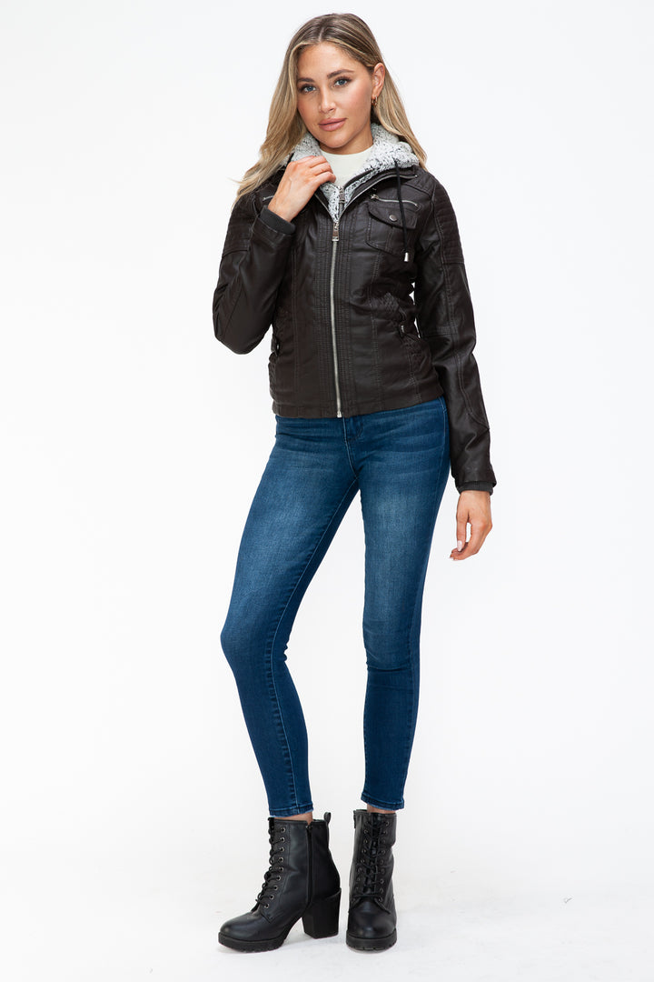 YMI Removable Faux Layered Multi-Pocket Faux Leather Jacket with Fuzzy Hood