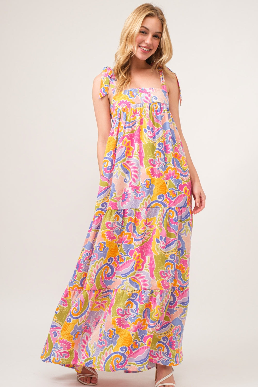 And The Why Printed Tie Shoulder Tiered Maxi Dress