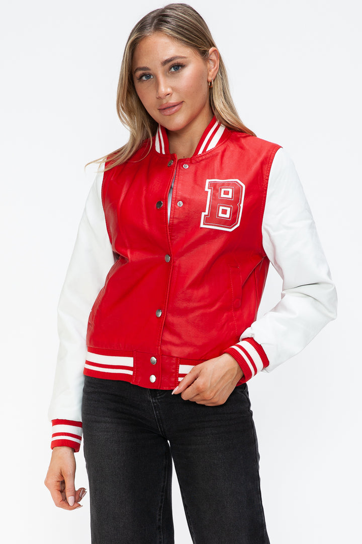 Love Me Now PU Leather Contrast Snap Down Bomber Jacket - Boho Soho