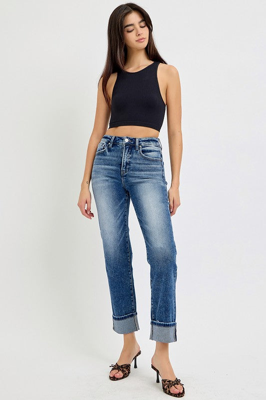 RISEN High Rise Crop Straight Roll Up Jeans