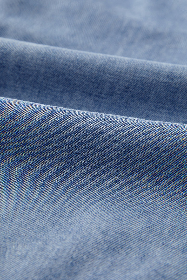 Denim Front Pintuck Bow Tie Puff Sleeve Top