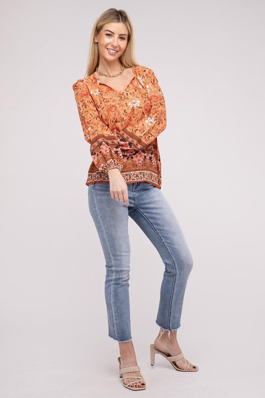 Boho Paisley Print Tie Neck Blouse