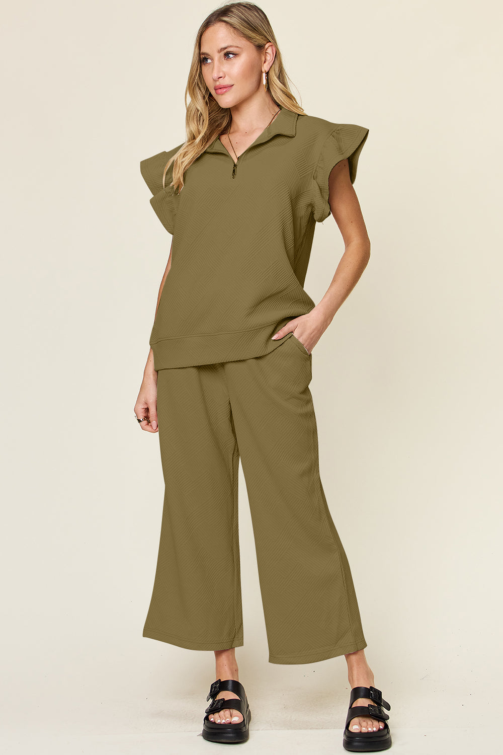 Double Take Texture Ruffle Sleeve Top and Drawstring Wide Leg Pants Set