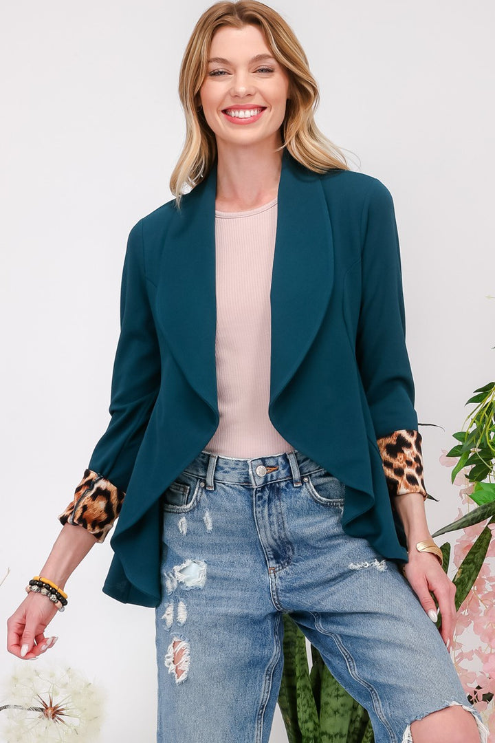 Celeste Rolled Leopard Cuff Open Front Blazer