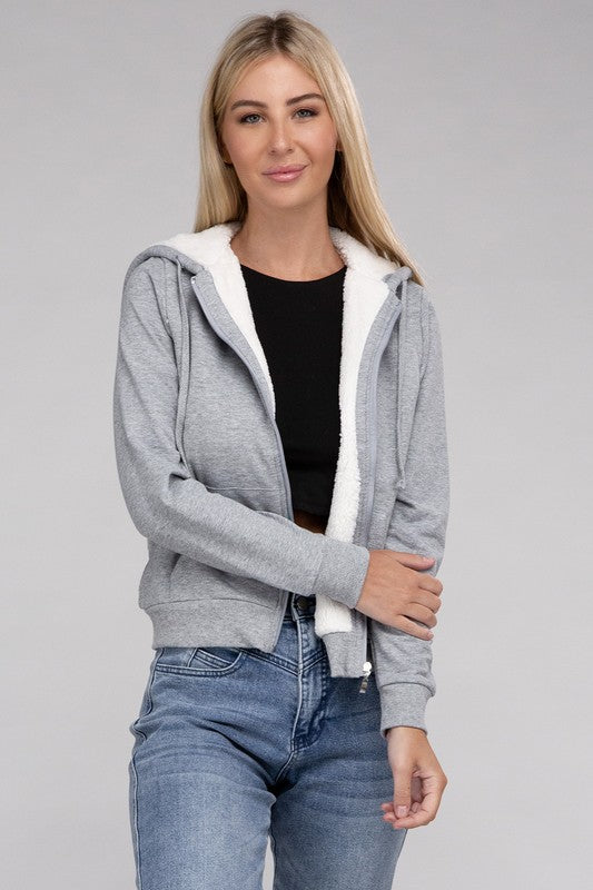 Ambiance Fuzzy Trim Zip-Up Crop Hoodie