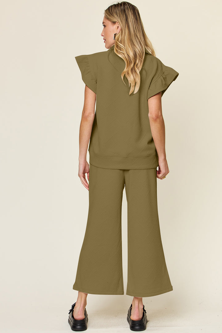 Double Take Texture Ruffle Sleeve Top and Drawstring Wide Leg Pants Set