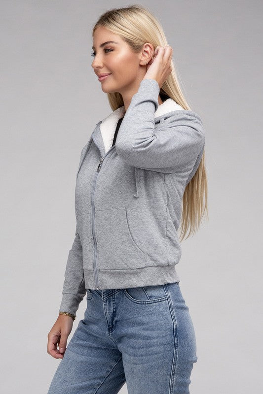 Ambiance Fuzzy Trim Zip-Up Crop Hoodie