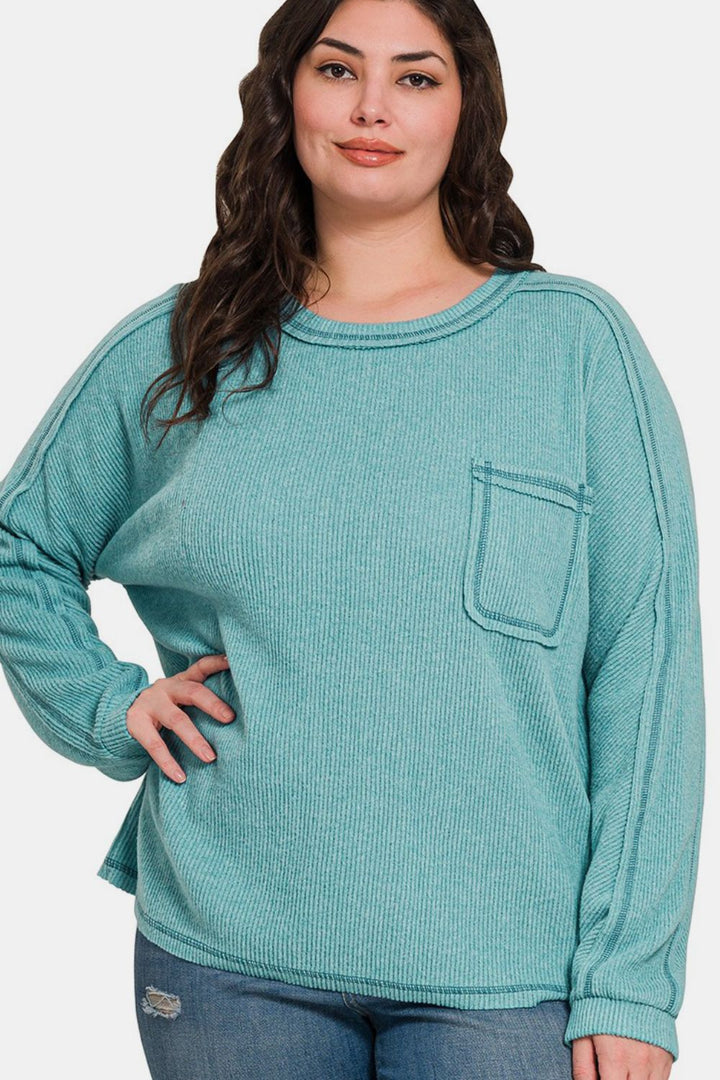 Zenana Contrast Stitching Brushed Ribbed Hacci Knit Top