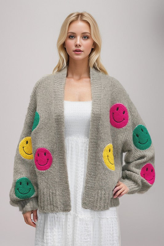 Davi & Dani Fuzzy Smile Long Bell Sleeve Knit Cardigan