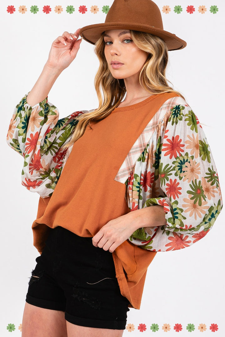 SAGE + FIG Printed Balloon Sleeve Contrast Top