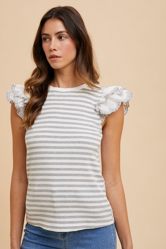 Annie Wear Ruffled Striped Round Neck Cap Sleeve Knit Top