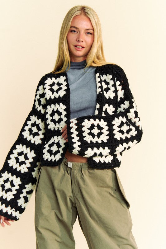 Davi & Dani Two Tone Flower Square Crochet Open Front Cardigan Sweater