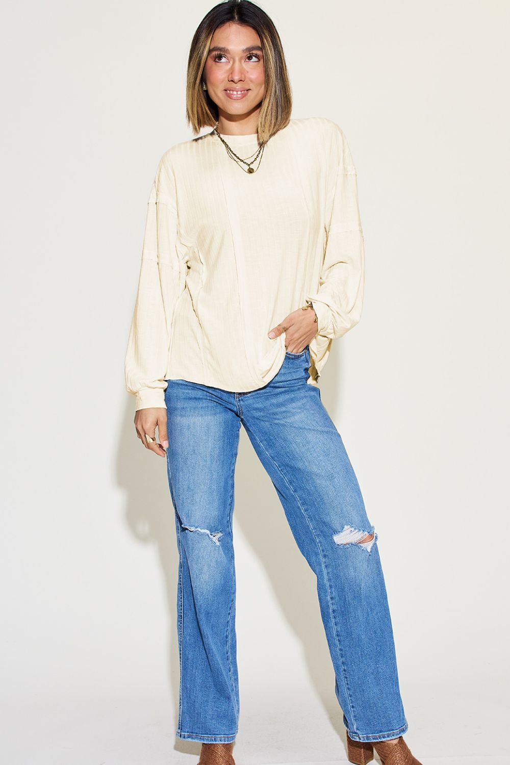 Basic Bae Ribbed Round Neck Long Sleeve Top