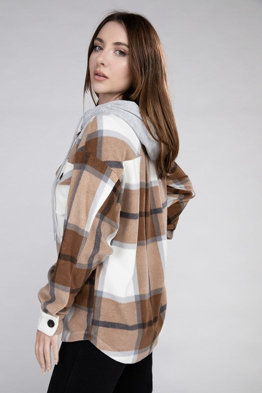 Zenana Plaid Drawstring Hooded Fleece Shacket