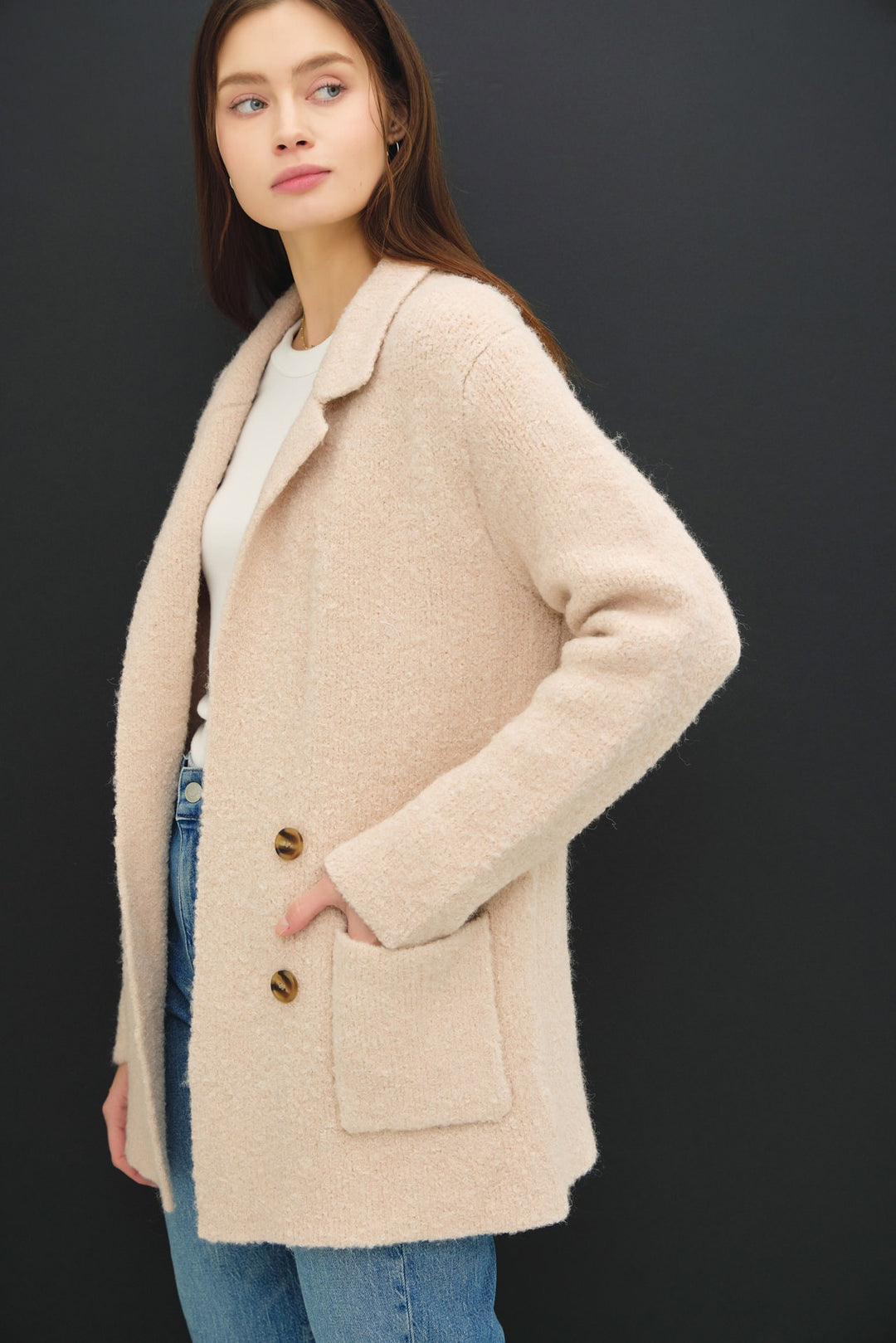 Be Cool Textured Double-Breasted Knit Coat with Pockets