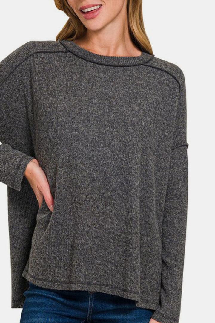 Zenana Exposed Seam Brushed Round Neck Sweater