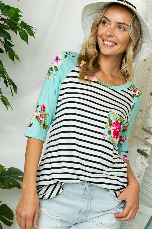 PLUS STRIPE FLORAL PRINT POCKET TOP