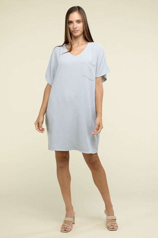 Zenana Woven Airflow V Neck T-Shirt Dress with Pockets