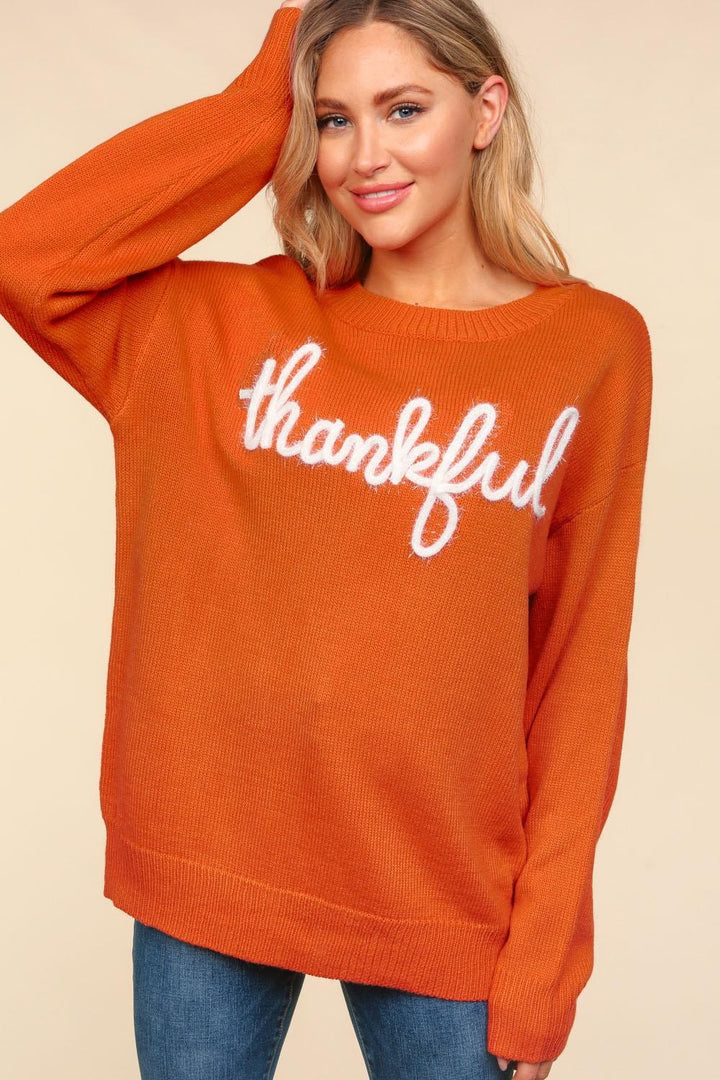 Haptics Thankful Metallic Glitter Embroidered Thanksgiving Sweater