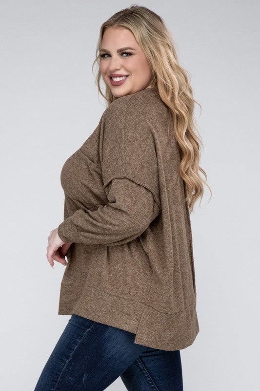 Zenana Plus Brushed Melange Drop Shoulder Sweater