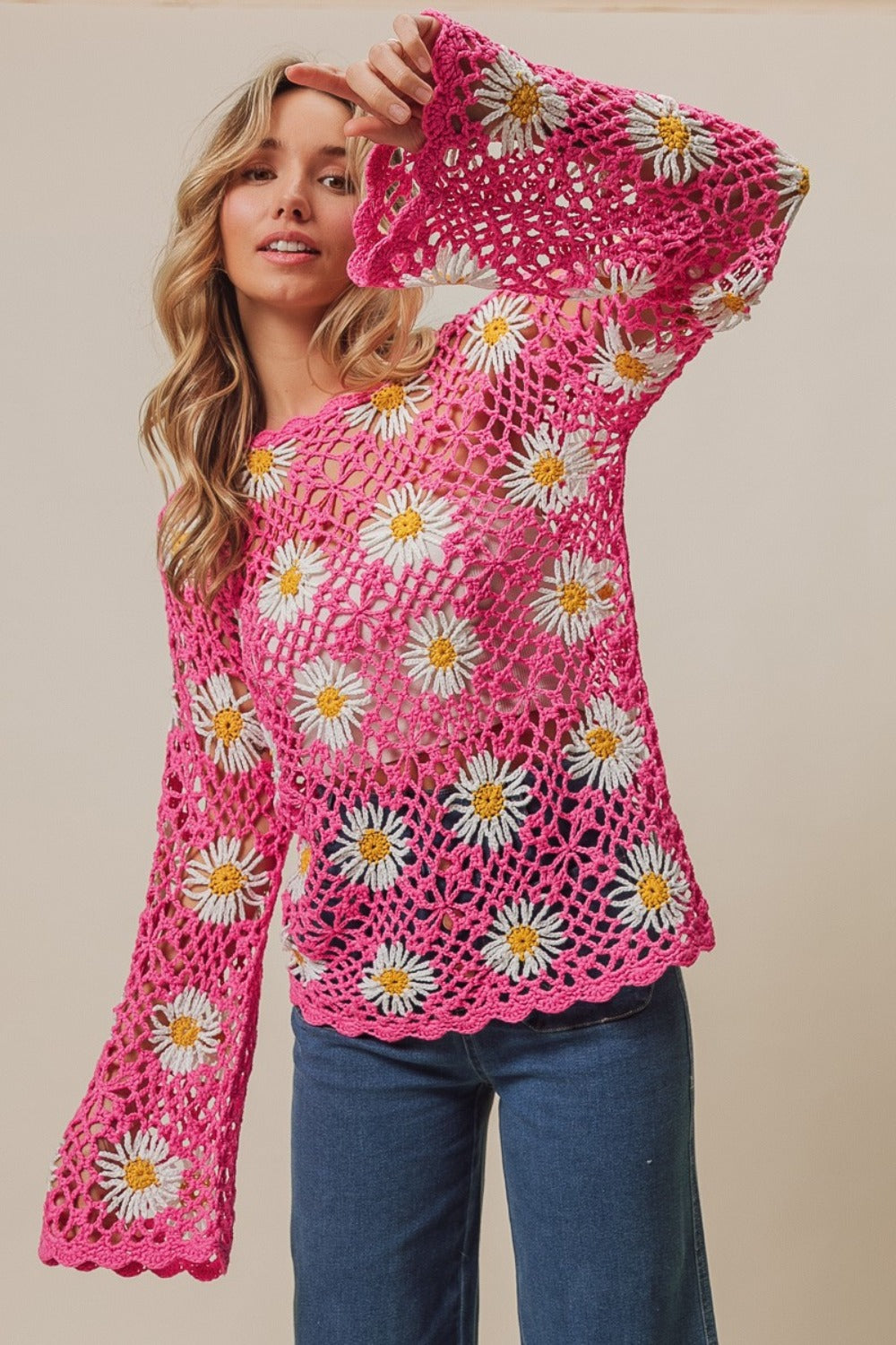 BiBi Floral Crochet Open Knit Top