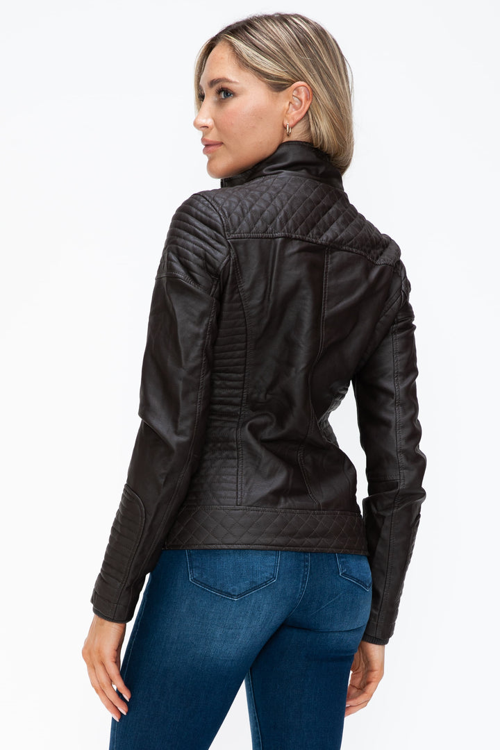 YMI Faux Layered Double-Zipper Faux Leather Jacket with Fuzzy Hood