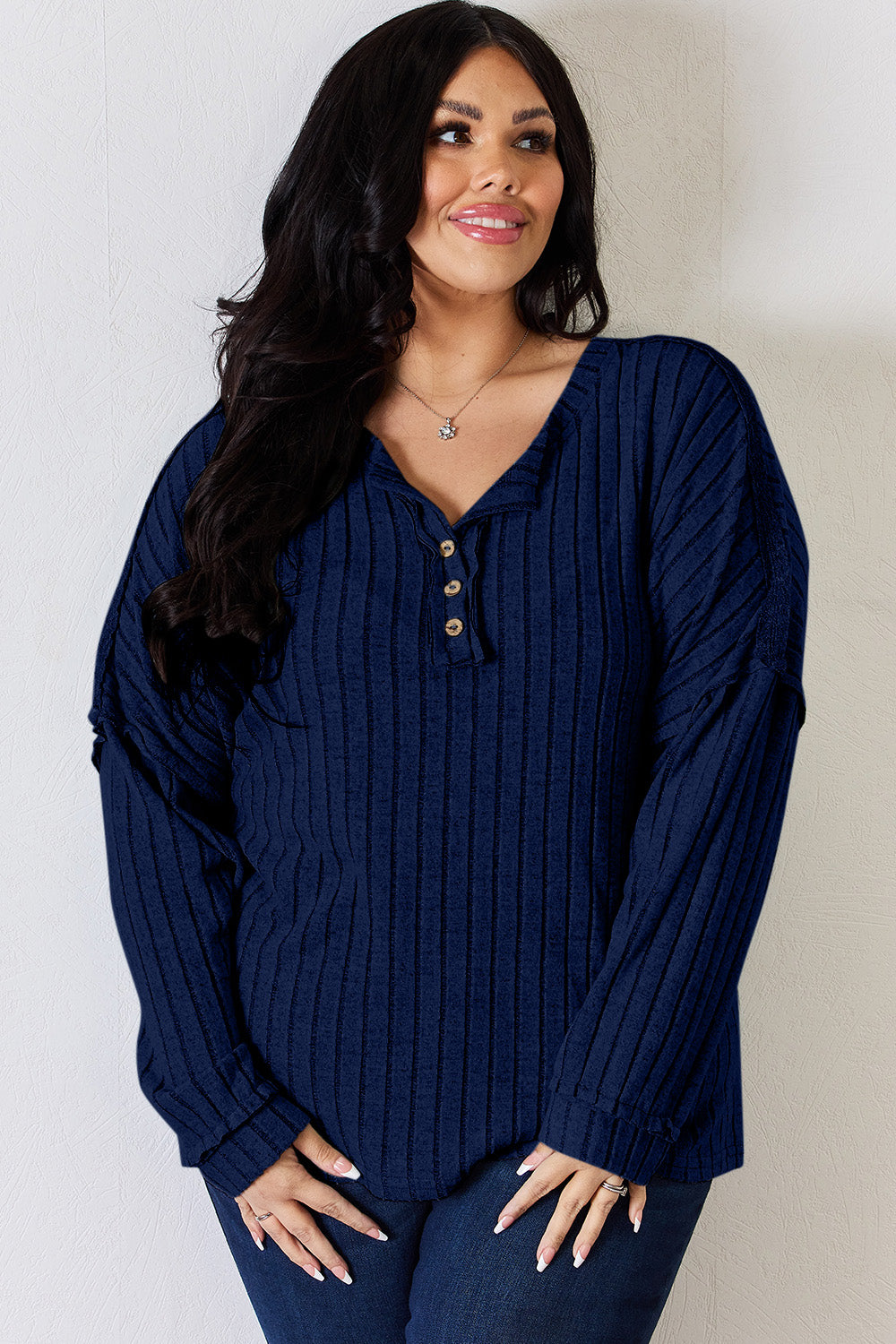 Basic Bae Ribbed Half Button Long Sleeve T-Shirt