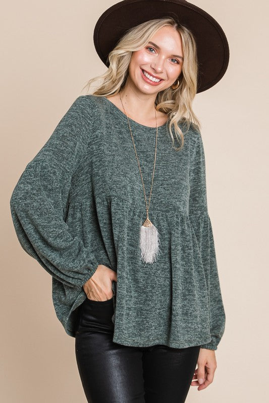 SL Heathered Round Neck Babydoll Top