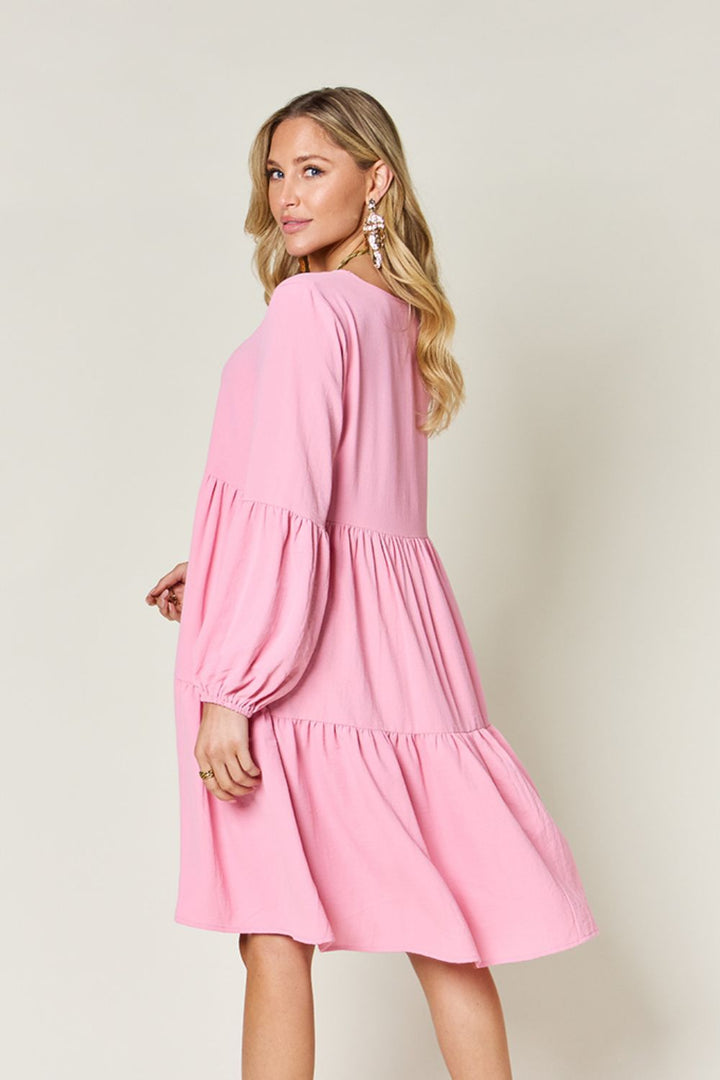 Double Take V-Neck Balloon Sleeve Tiered Dress with Pockets