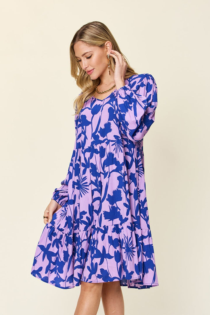 Double Take Full Size Printed Ruffle Hem Dress with Pockets