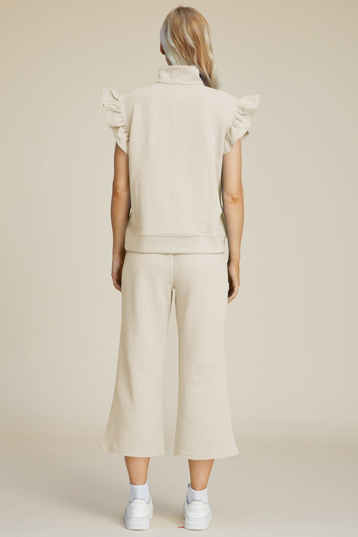 Double Take Full Size Texture Ruffle Short Sleeve Top and Wide Leg Pants Set - Boho Soho