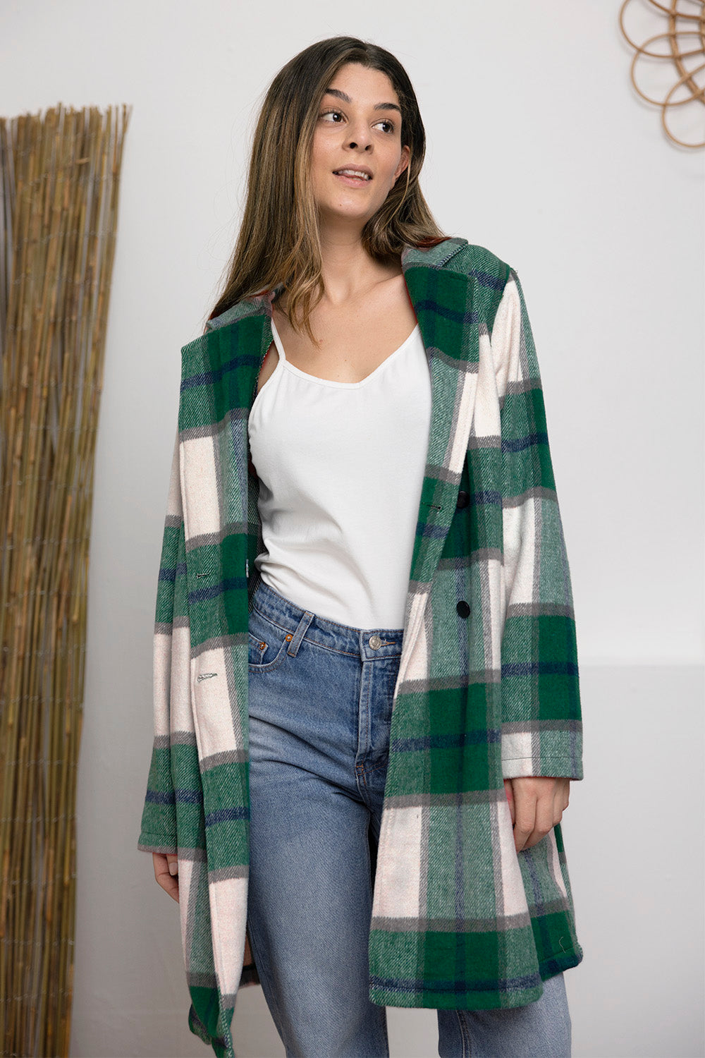 Double Take Plaid Button Up Lapel Collar Coat