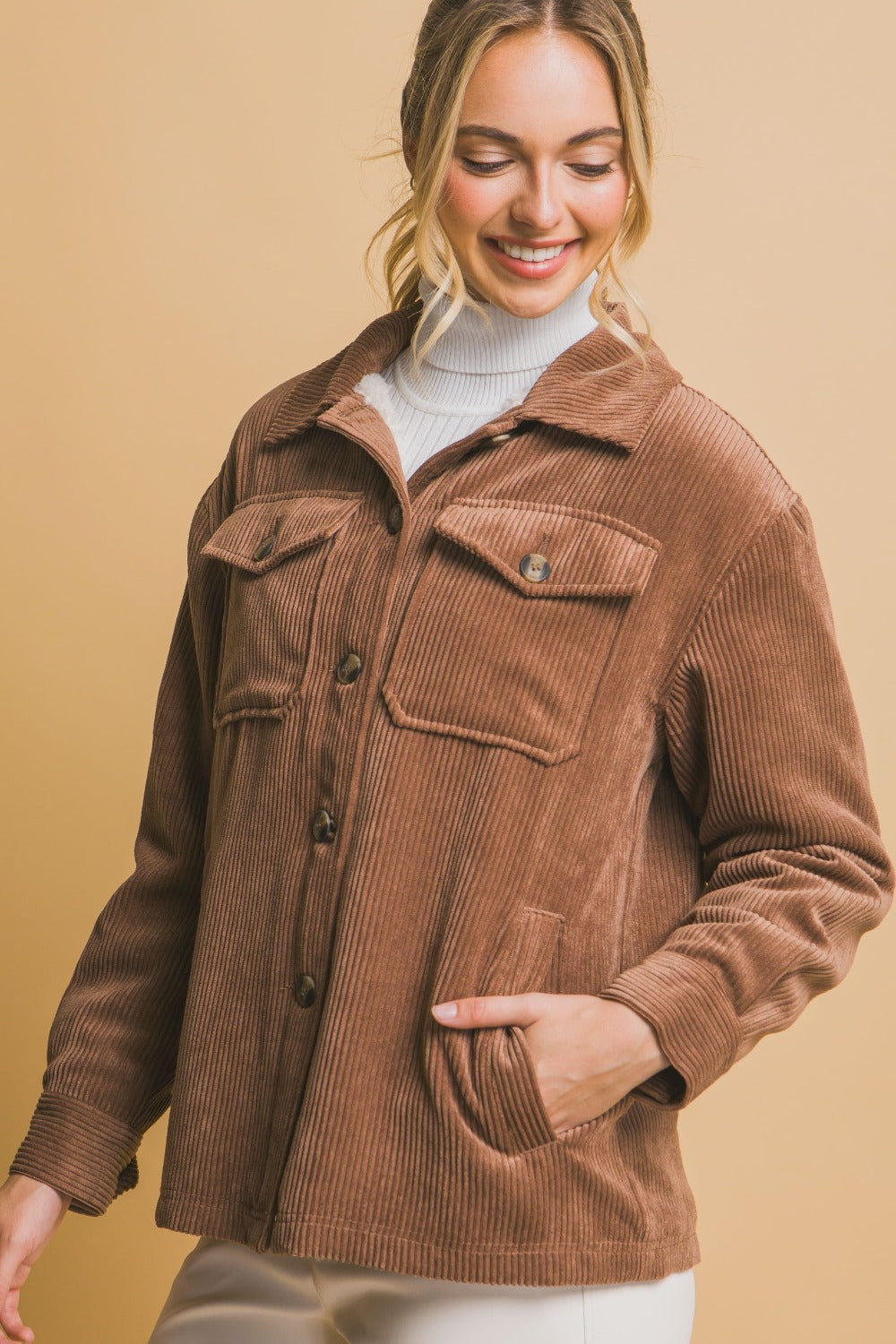Love Tree Corduroy Button Up Sherpa Lined Jacket