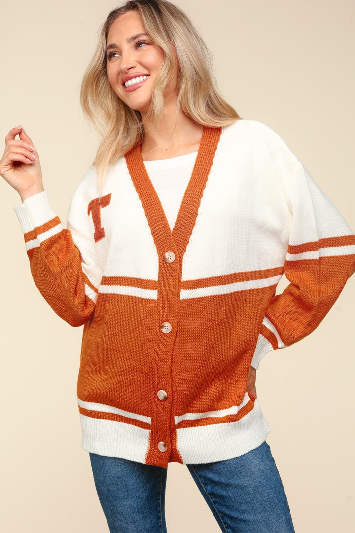 Haptics V Neck Button Down Letter Patch Cardigan