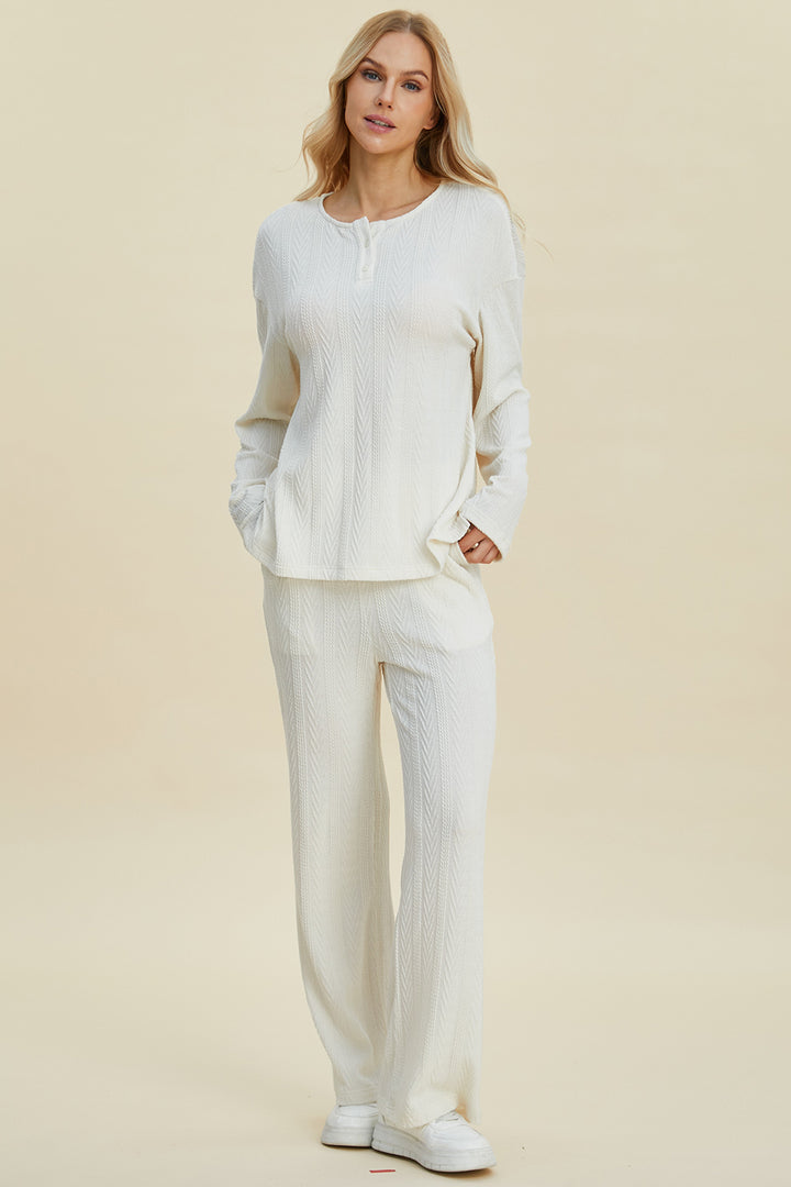 Double Take Cable-Knit Long Sleeve Top and Pants Set