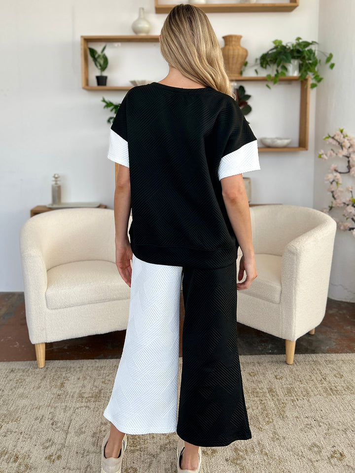 Double Take Texture Contrast T-Shirt and Wide Leg Pants Set