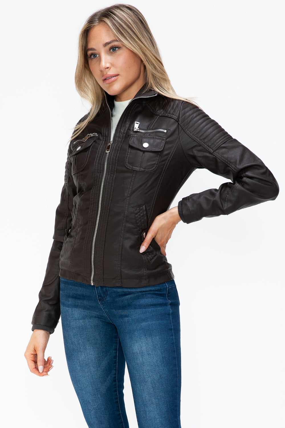 YMI Removable Faux Layered Multi-Pocket Faux Leather Jacket with Fuzzy Hood