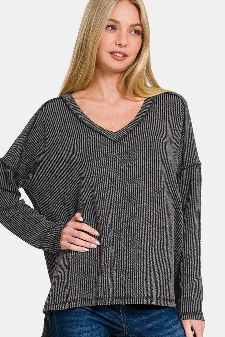 Zenana Texture Exposed Seam V-Neck Long Sleeve Top