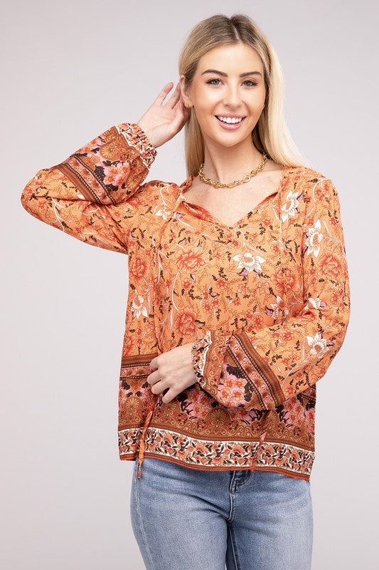 Boho Paisley Print Tie Neck Blouse